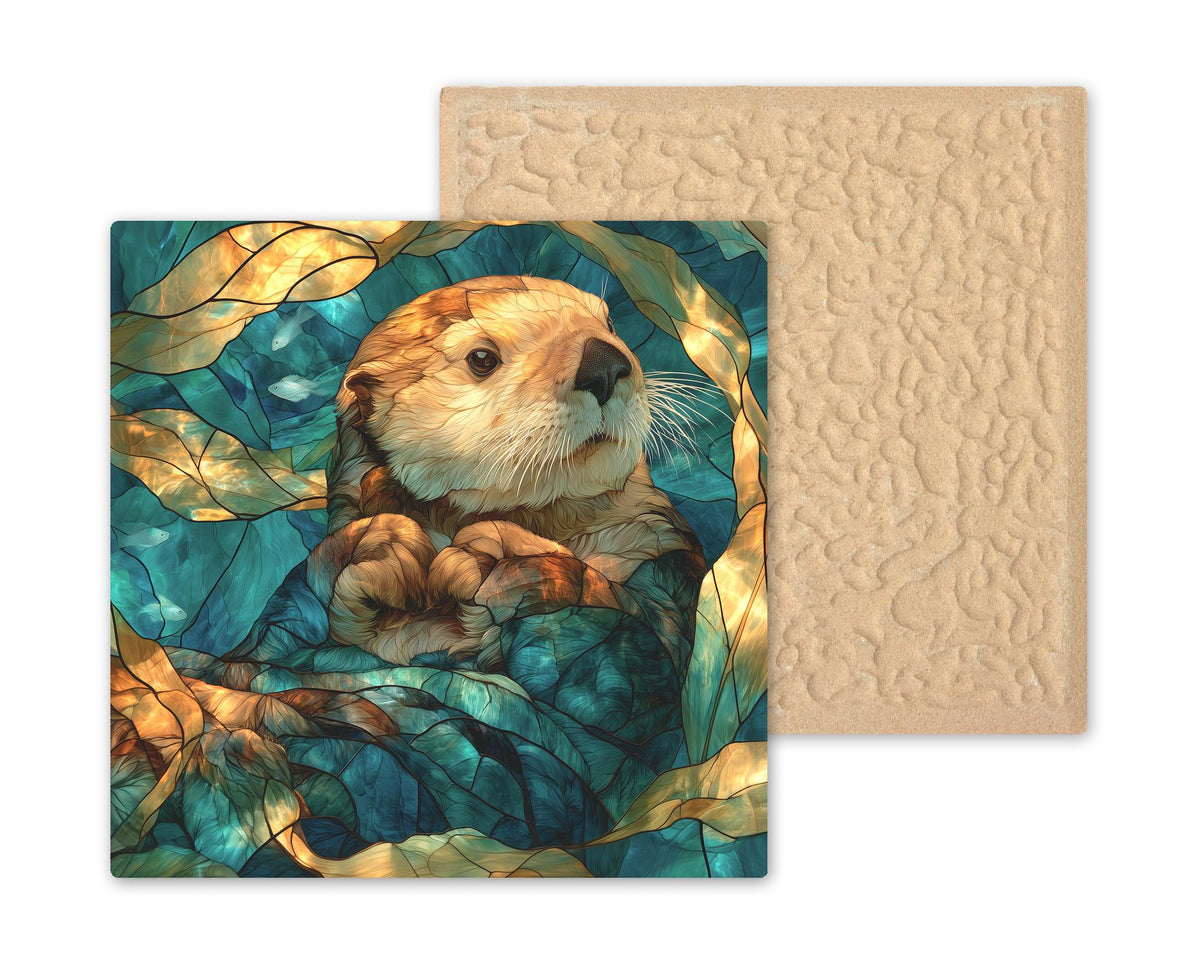 Sea Otter Wall Art Ceramic Tile Stained Glass Style Pacific Northwest Coastal Decor Kelp Ocean Wildlife Nature Art