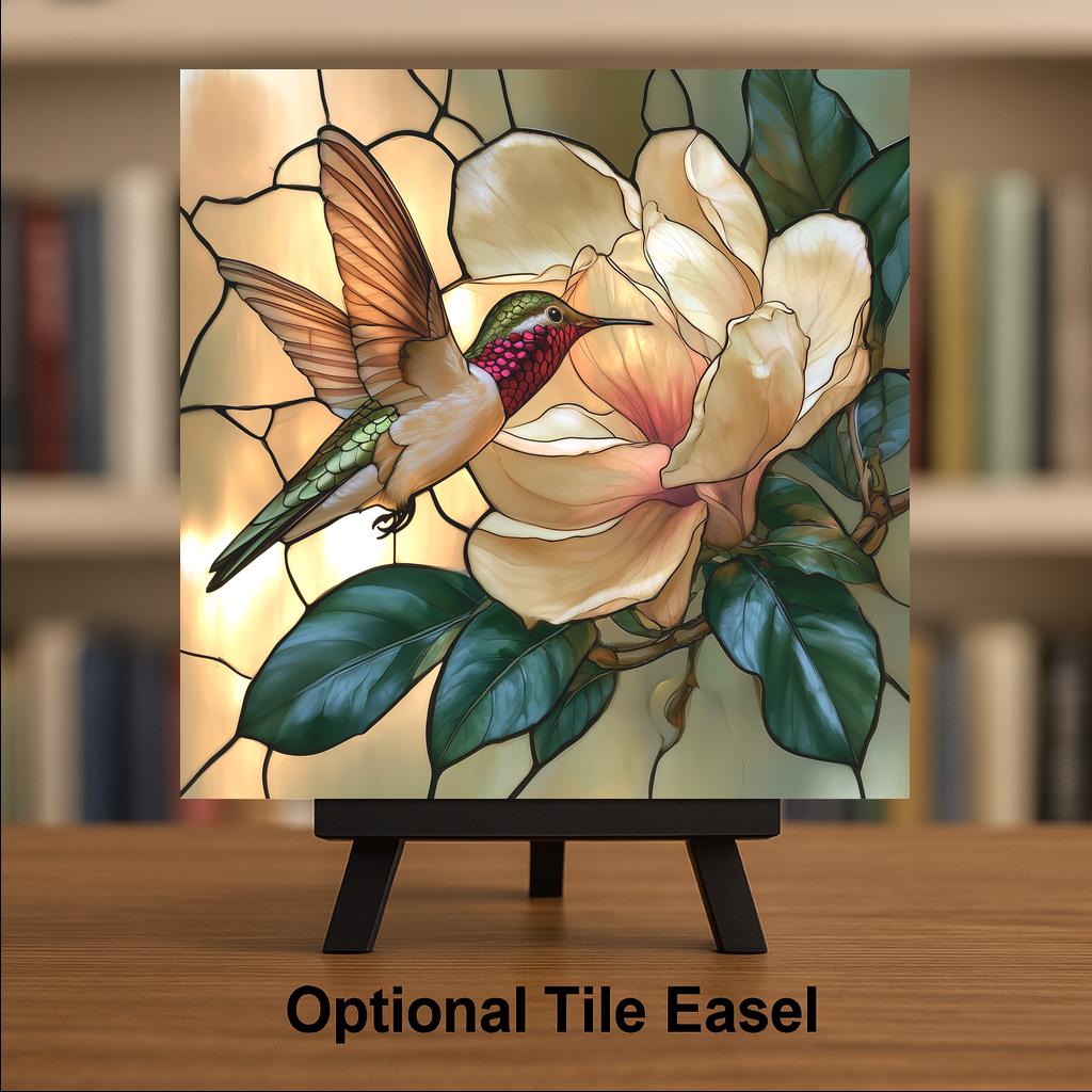 Hummingbird Magnolia Wall Art Ceramic Tile Stained Glass Style Southern Floral Bird Decor White Blossom Nature Art