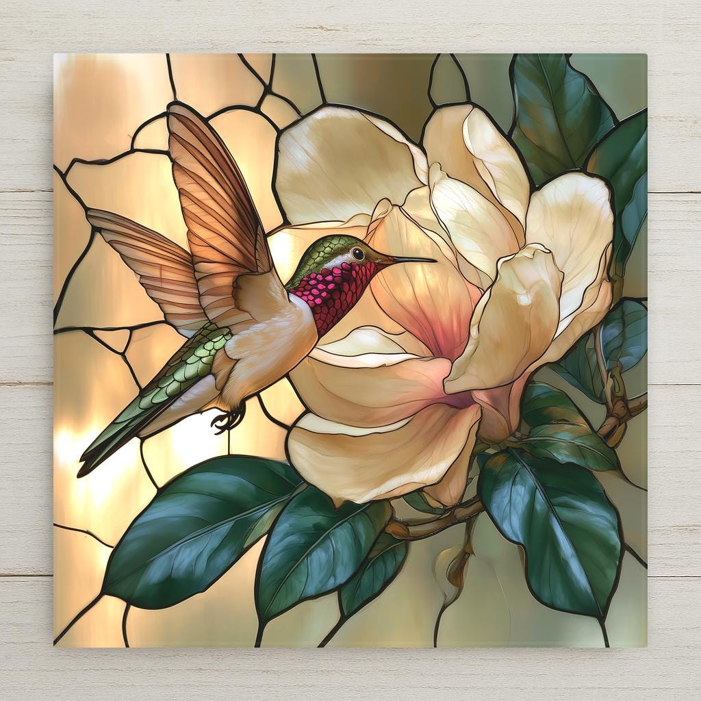 Stained glass style ceramic tile of a hummingbird hovering at a large white magnolia blossom with a pink blush and glossy green leaves on warm ivory glass