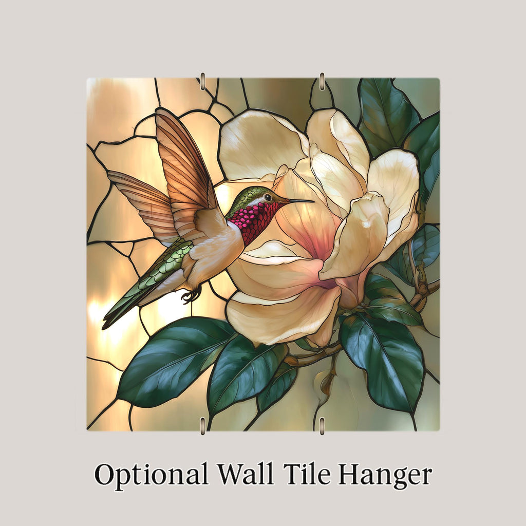 Hummingbird Magnolia Wall Art Ceramic Tile Stained Glass Style Southern Floral Bird Decor White Blossom Nature Art