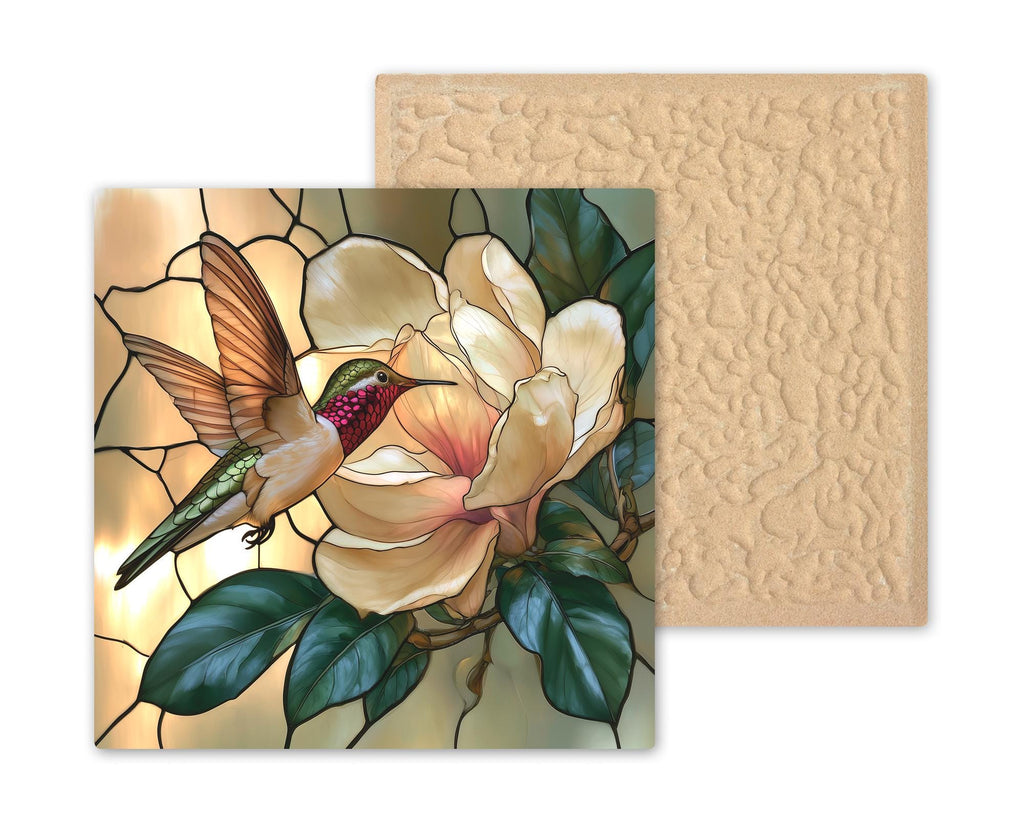 Hummingbird Magnolia Wall Art Ceramic Tile Stained Glass Style Southern Floral Bird Decor White Blossom Nature Art