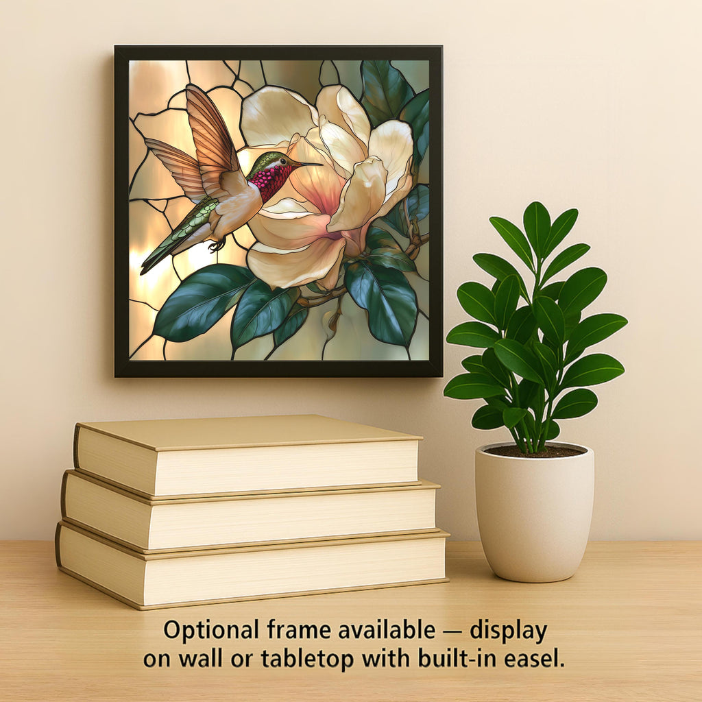 Hummingbird Magnolia Wall Art Ceramic Tile Stained Glass Style Southern Floral Bird Decor White Blossom Nature Art