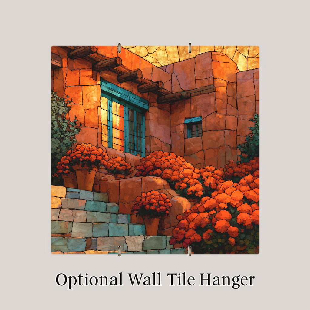 Adobe Courtyard Wall Art Ceramic Tile Stained Glass Style Marigold Southwest Decor New Mexico Pueblo Desert Sunset Art