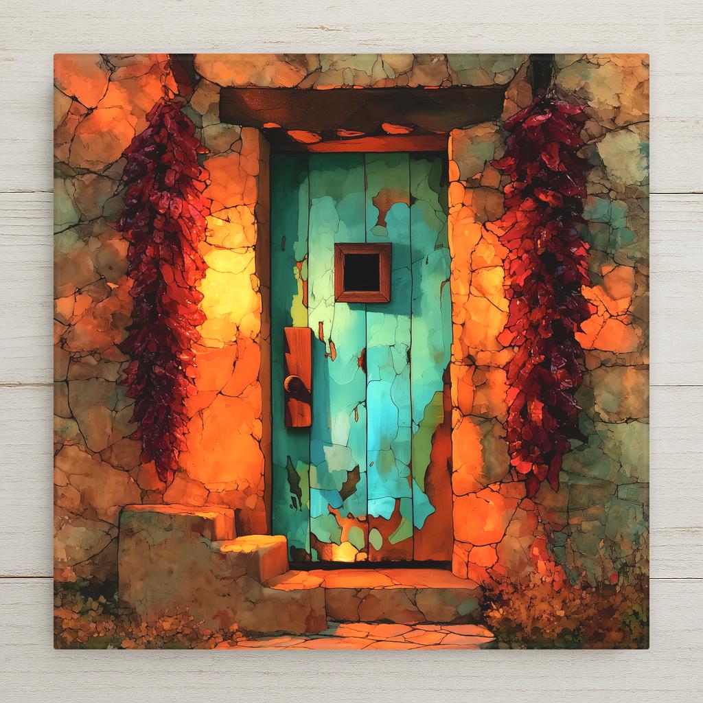 Stained glass style ceramic tile of red chile ristras hanging beside a turquoise wooden door in a warm adobe wall, classic New Mexico southwest scene