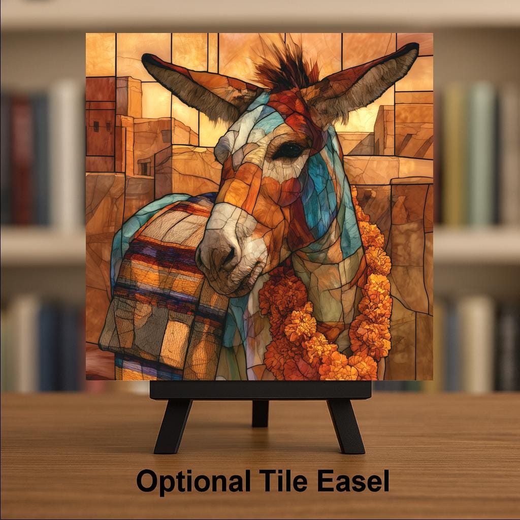 Donkey Wall Art Ceramic Tile Stained Glass Style Fiesta Marigold Garland Mexican Folk Decor Southwest Farm Animal Art