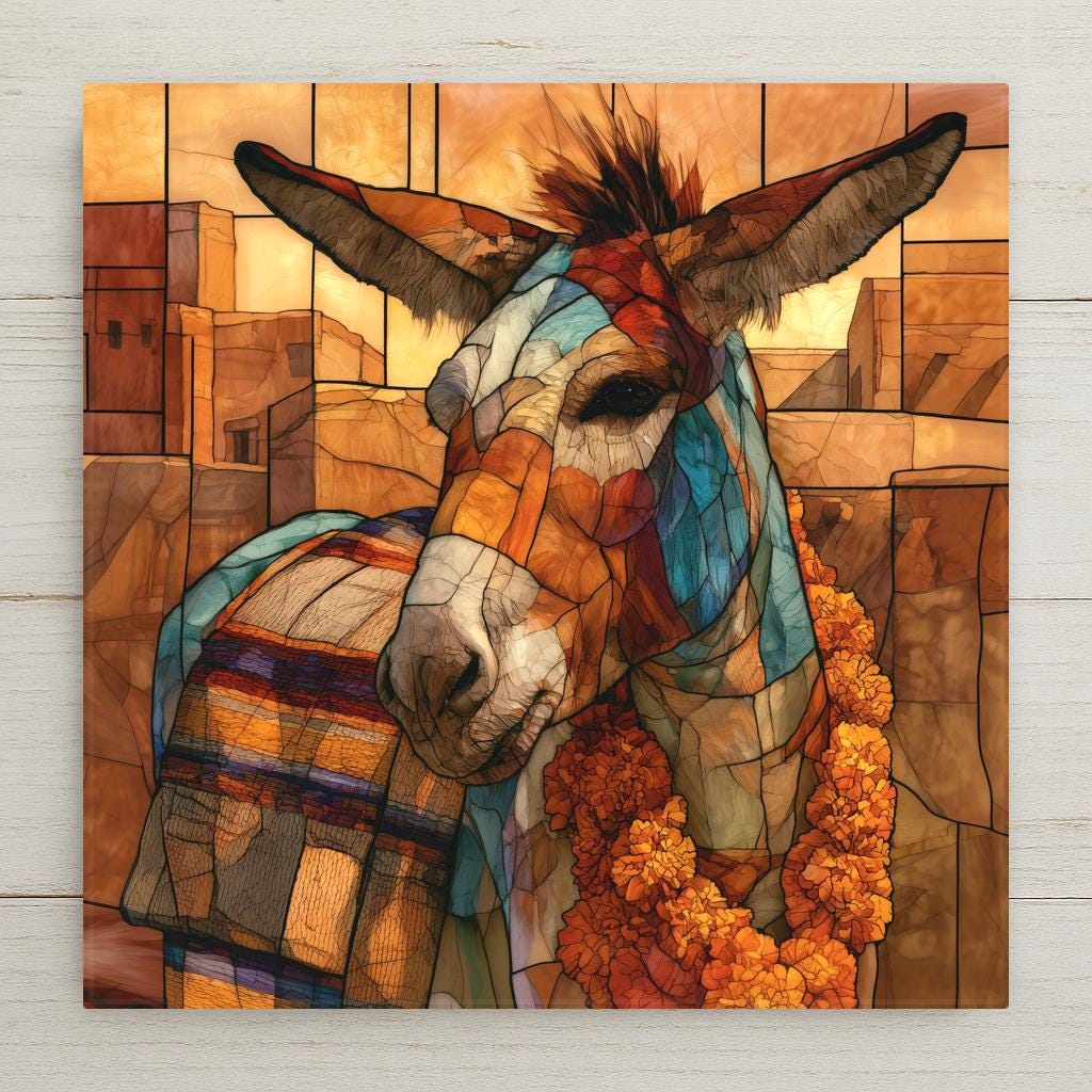 Stained glass style ceramic tile of a gentle donkey wearing an orange marigold garland and striped serape blanket in front of warm adobe walls