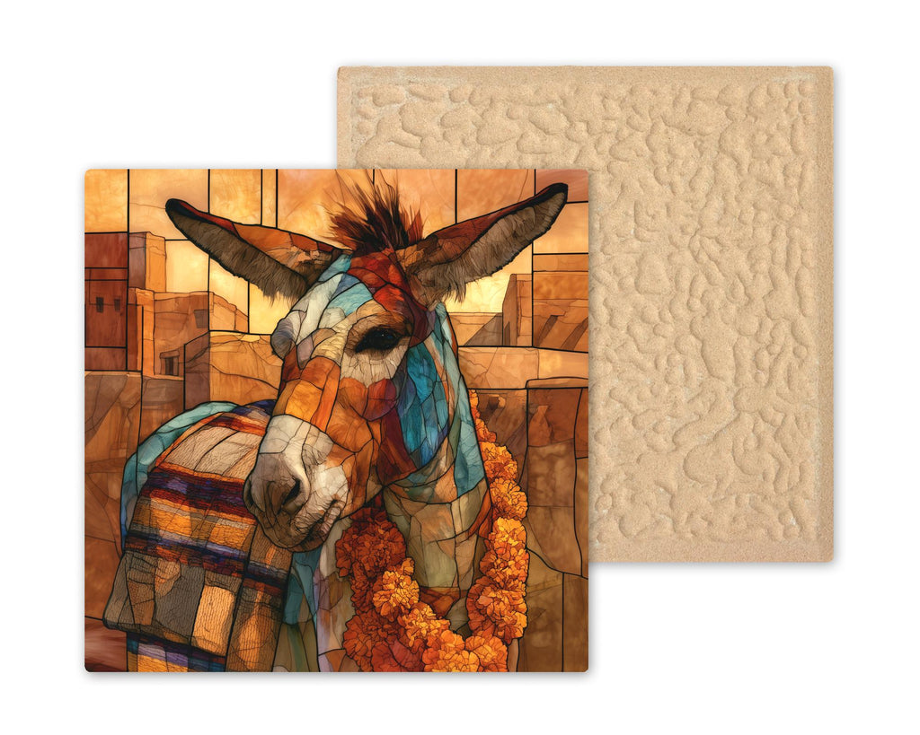 Donkey Wall Art Ceramic Tile Stained Glass Style Fiesta Marigold Garland Mexican Folk Decor Southwest Farm Animal Art