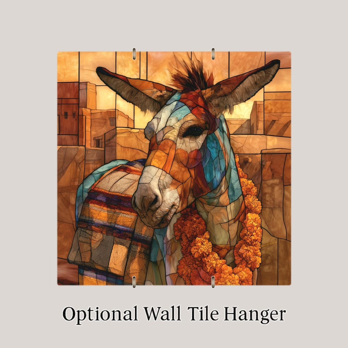 Donkey Wall Art Ceramic Tile Stained Glass Style Fiesta Marigold Garland Mexican Folk Decor Southwest Farm Animal Art