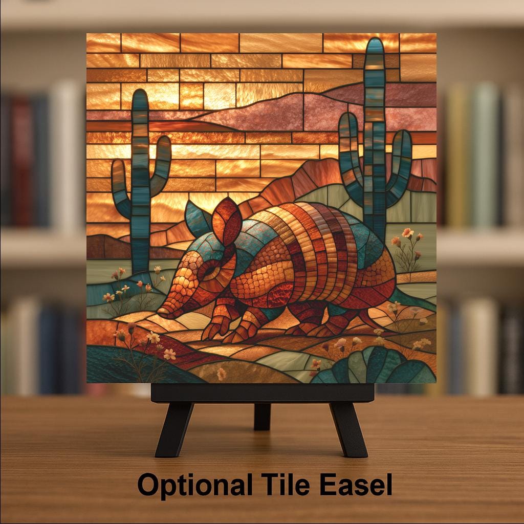 Armadillo Wall Art Ceramic Tile Stained Glass Style Saguaro Cactus Desert Sunset Southwest Decor Texas Wildlife Art
