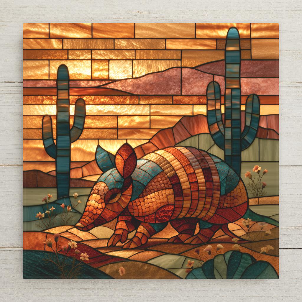 Stained glass style ceramic tile of an armadillo with banded shell walking past tall saguaro cacti under a golden desert sunset sky