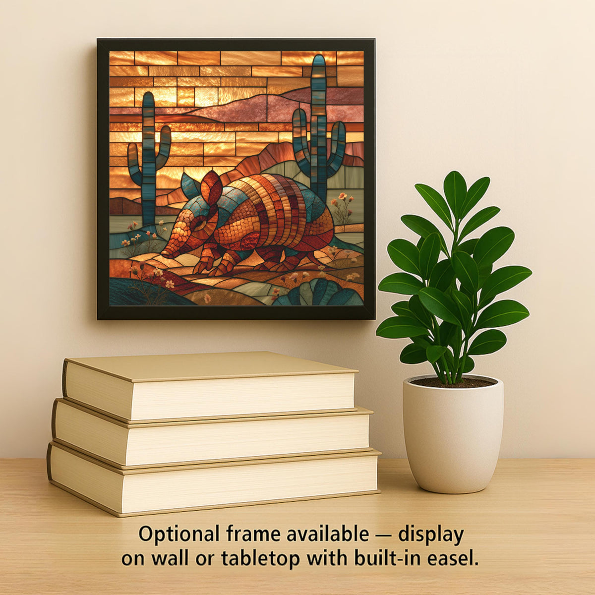 Armadillo Wall Art Ceramic Tile Stained Glass Style Saguaro Cactus Desert Sunset Southwest Decor Texas Wildlife Art