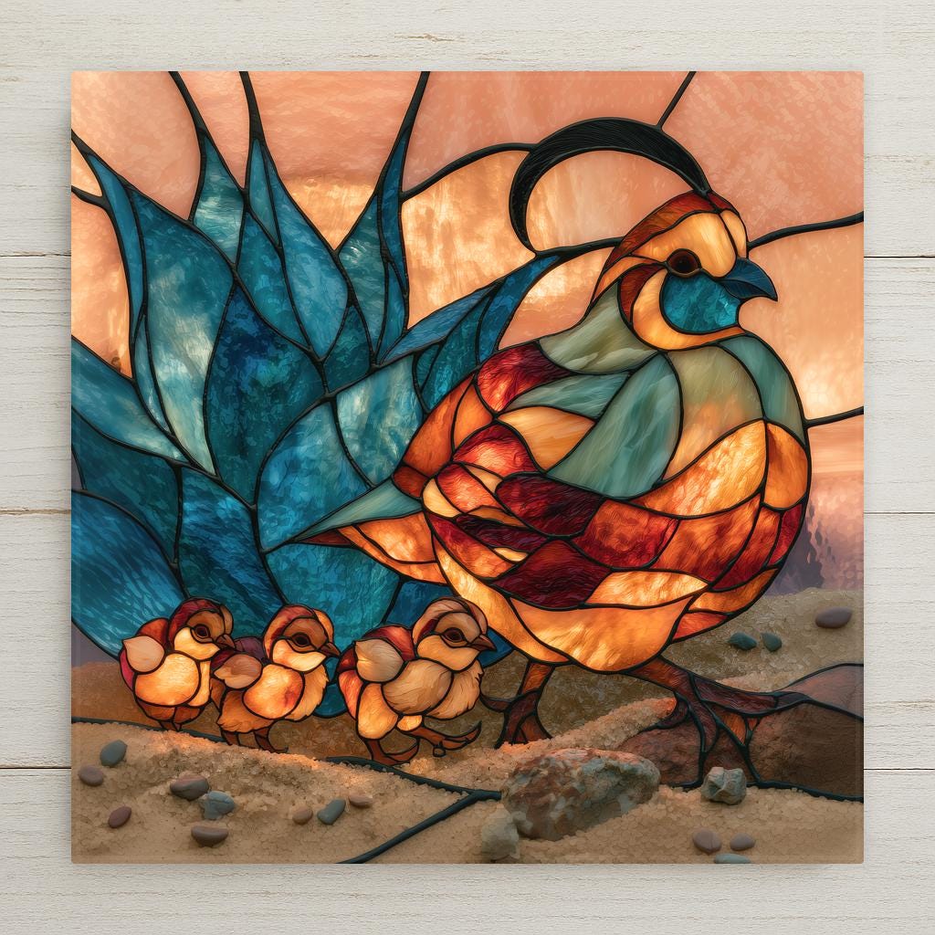Stained glass style ceramic tile of a Gambel's quail with curved topknot leading a line of chicks past a blue green agave in the Sonoran desert