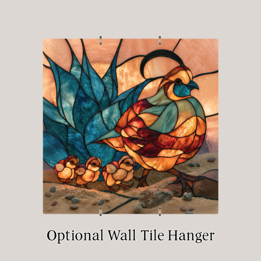 Quail Wall Art Ceramic Tile Stained Glass Style Desert Bird Family Agave Southwest Decor Sonoran Wildlife Nature Art