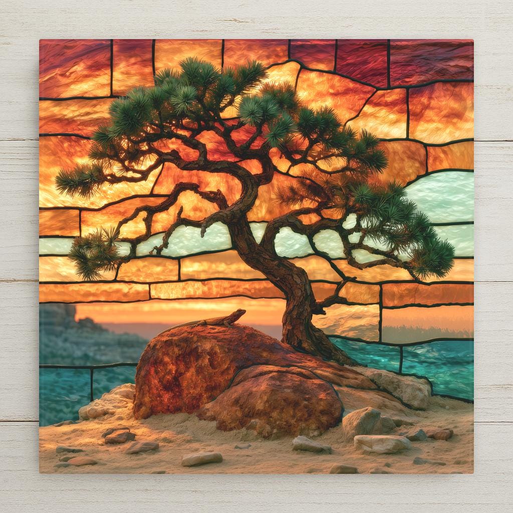 Stained glass style ceramic tile of a Joshua tree with twisting branches and a small lizard sunning on a boulder beneath it in the Mojave desert