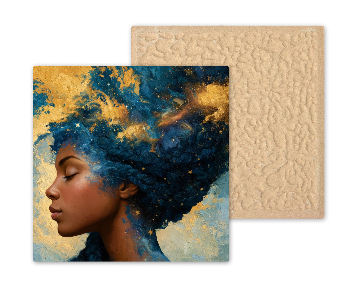 Afrofuturism Wall Art Ceramic Tile Black Woman Cosmic Braids Stars Galaxy Decor African American Celestial Portrait