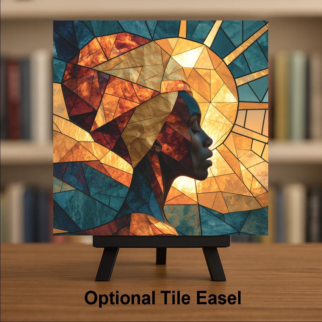 Afrofuturism Wall Art Ceramic Tile Stained Glass Style Black Woman Golden Sun African American Decor Modern Portrait