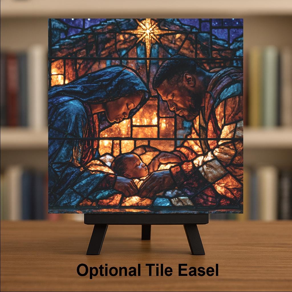 Black Nativity Wall Art Ceramic Tile Stained Glass Style Christmas Holy Family African American Christian Decor