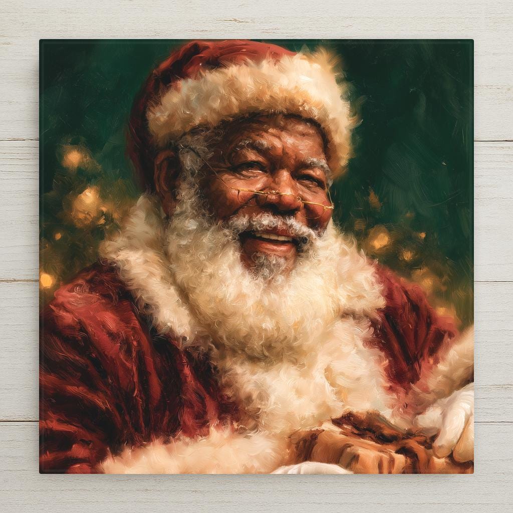 Painterly ceramic tile of a jolly Black Santa with white beard, gold spectacles, and red velvet suit holding a gift against green and gold Christmas lights