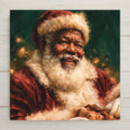 Painterly ceramic tile of a jolly Black Santa with white beard, gold spectacles, and red velvet suit holding a gift against green and gold Christmas lights