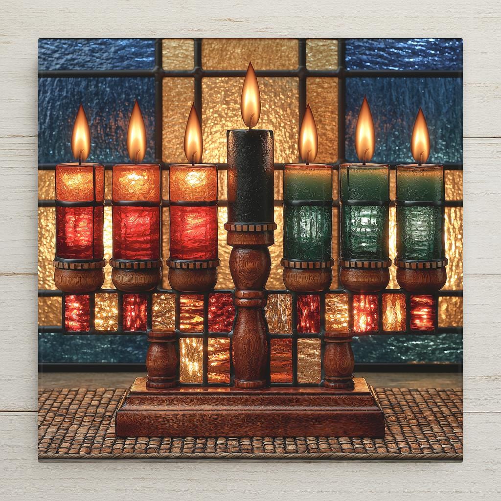 Stained glass style ceramic tile of a kinara with seven lit candles in red black and green glowing against indigo and gold glass