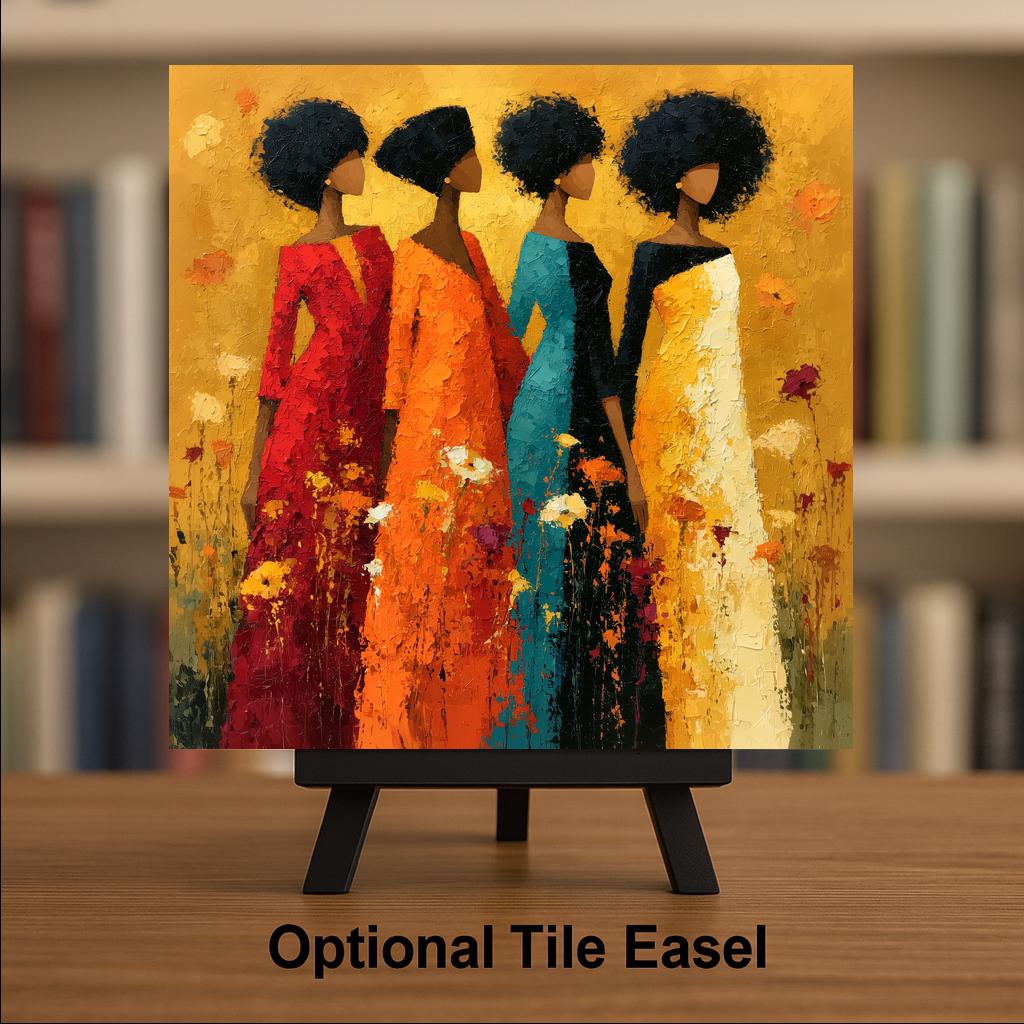 Black Woman Art Ceramic Tile Four Sisters Colorful Dresses Painterly Floral African American Wall Decor Sisterhood
