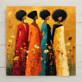 Painterly ceramic tile of four stylized Black women in vibrant red orange teal and yellow dresses standing together among wildflowers on a golden background