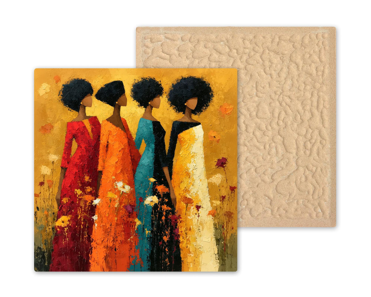 Black Woman Art Ceramic Tile Four Sisters Colorful Dresses Painterly Floral African American Wall Decor Sisterhood