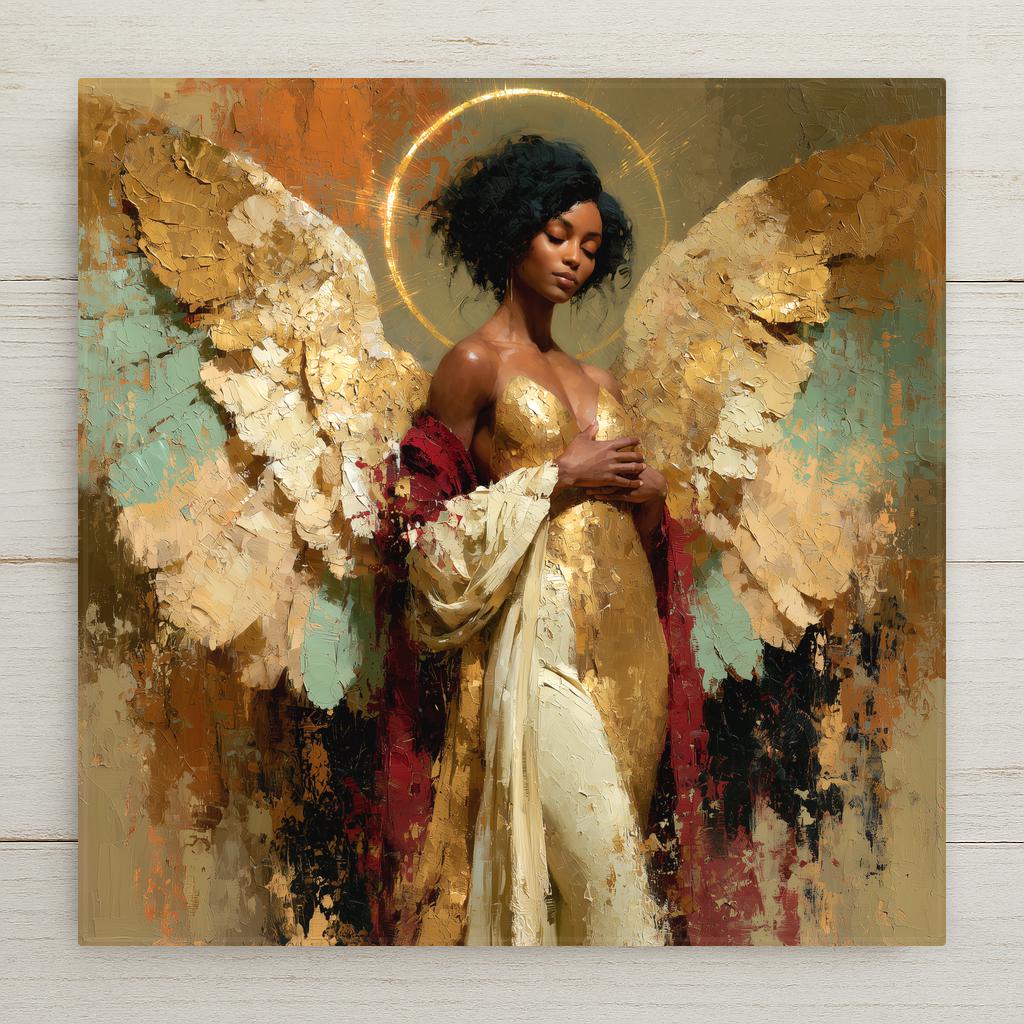 Painterly ceramic tile of a serene Black woman angel with outstretched golden wings, closed eyes, flowing ivory gown, and a luminous halo