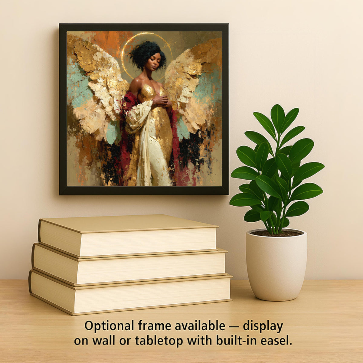 Black Angel Wall Art Ceramic Tile Golden Wings African American Woman Guardian Memorial Spiritual Painterly Decor