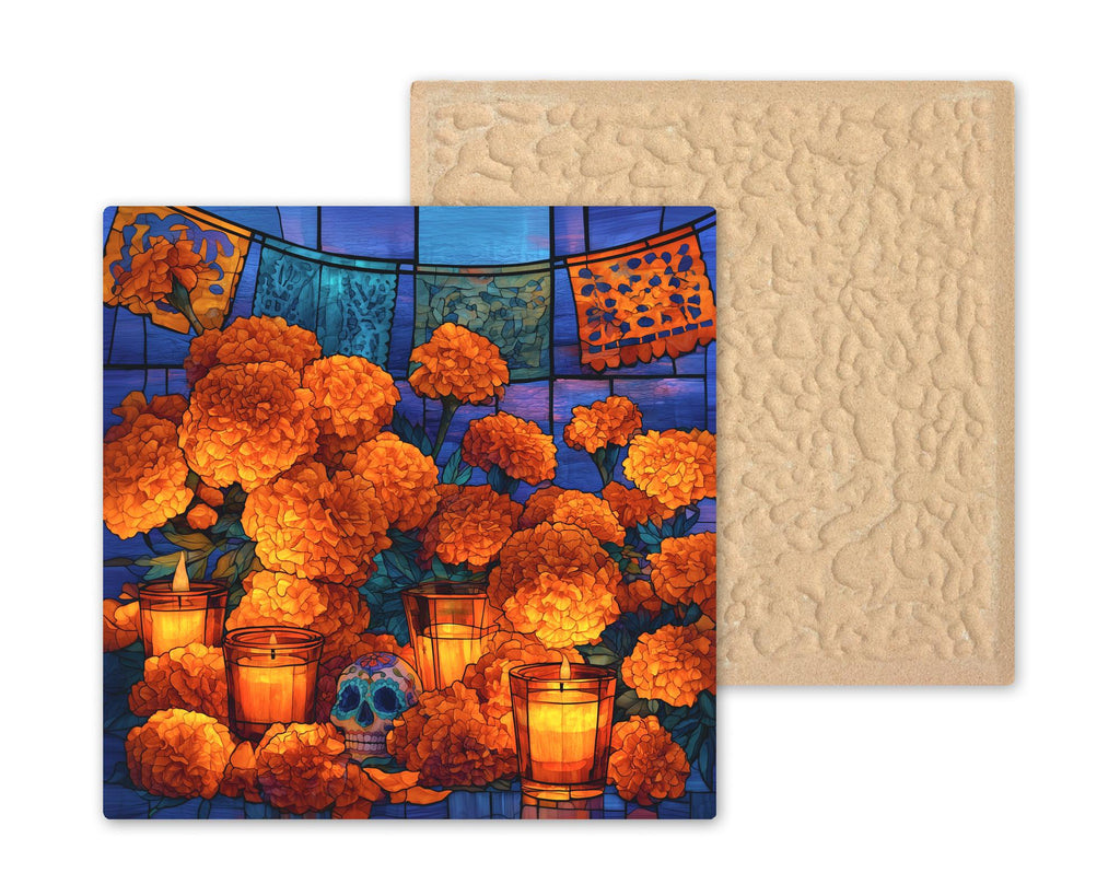 Marigold Wall Art Ceramic Tile Stained Glass Style Dia de los Muertos Decor Day of the Dead Ofrenda Mexican Folk Art