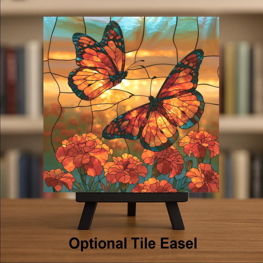 Monarch Butterfly Wall Art Ceramic Tile Stained Glass Style Marigold Field Memorial Decor Mexican Fall Migration Art