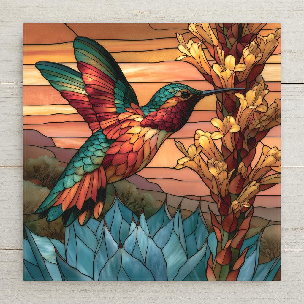 Stained glass style ceramic tile of an emerald hummingbird hovering at the golden blooms of a tall agave stalk against a warm desert sky