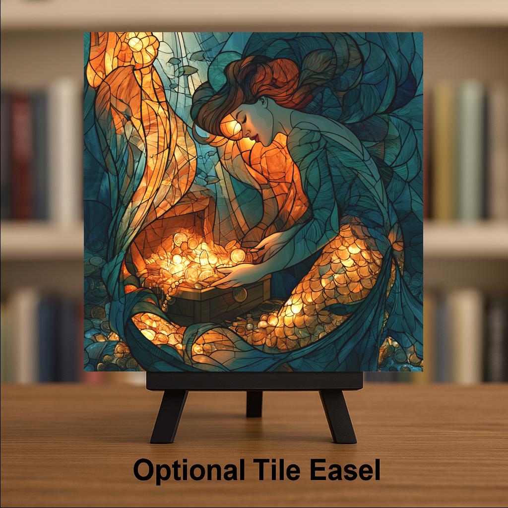 Mermaid Treasure Chest Wall Art Ceramic Tile Stained Glass Style Ocean Fantasy Decor Golden Pearl Sunken Sea Art