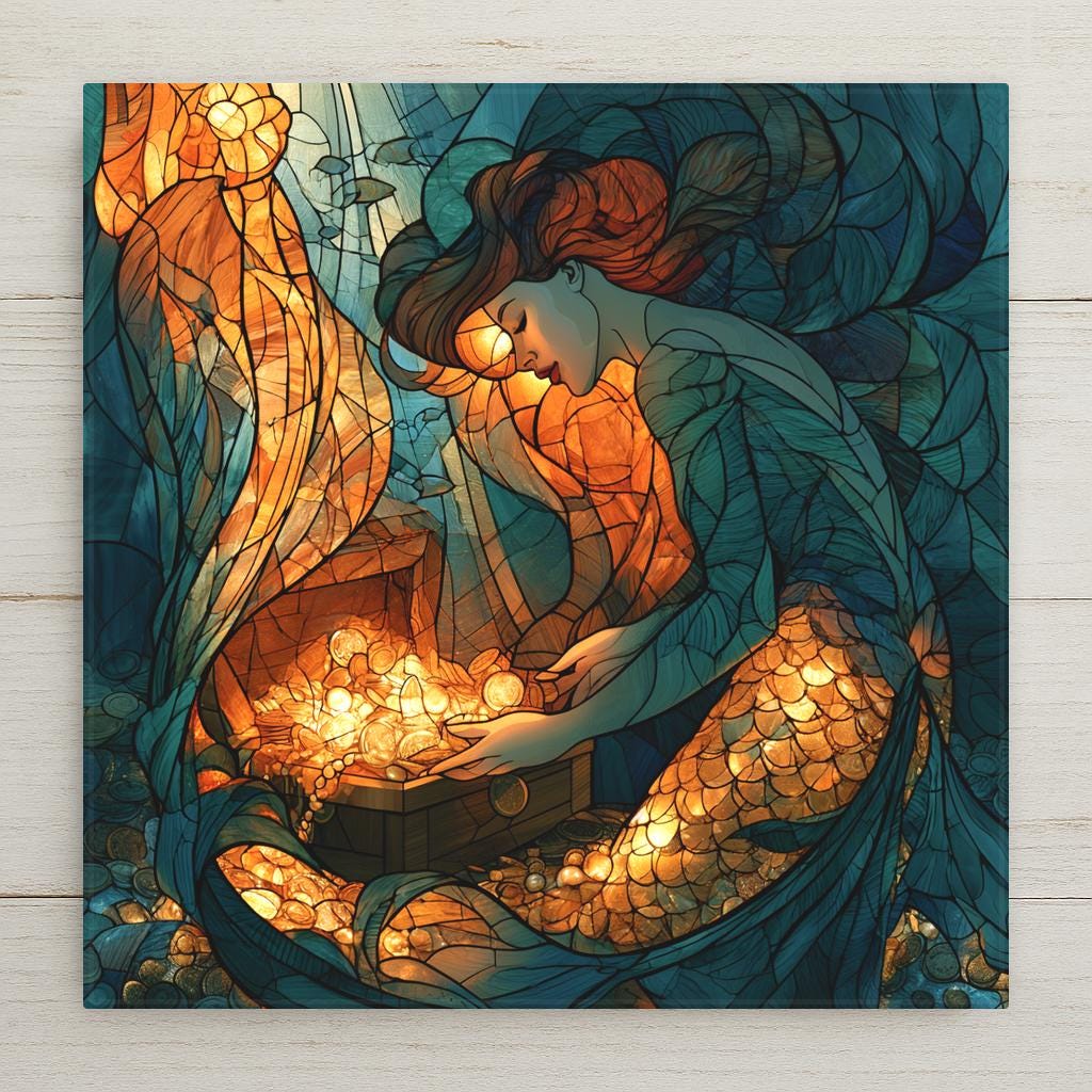 Stained glass style ceramic tile of a mermaid with a golden tail opening a sunken treasure chest glowing with gold coins and pearls in deep teal water