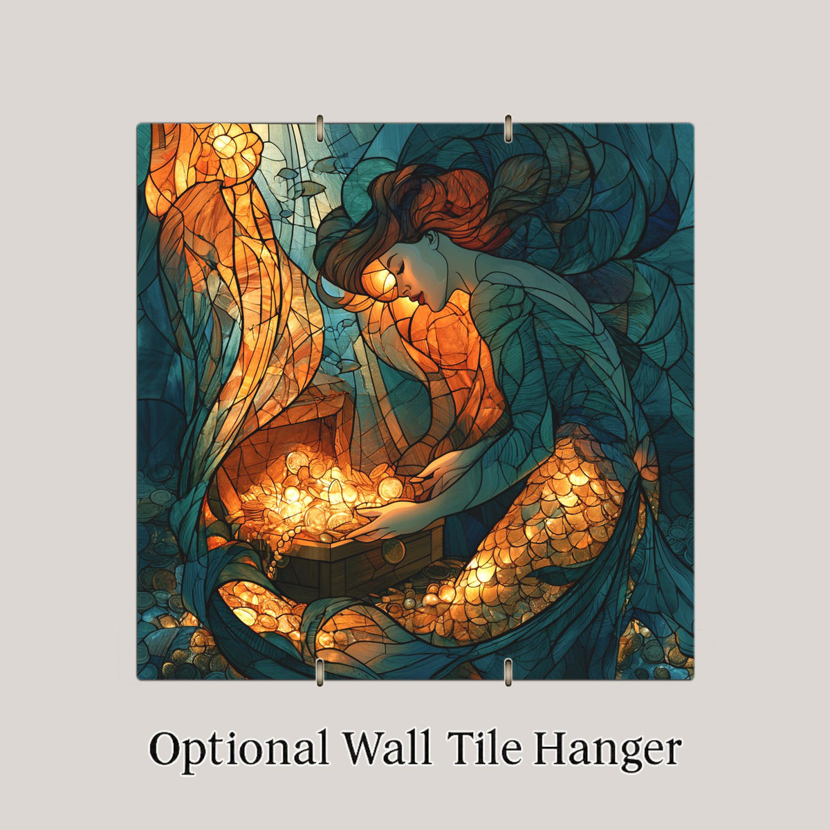 Mermaid Treasure Chest Wall Art Ceramic Tile Stained Glass Style Ocean Fantasy Decor Golden Pearl Sunken Sea Art
