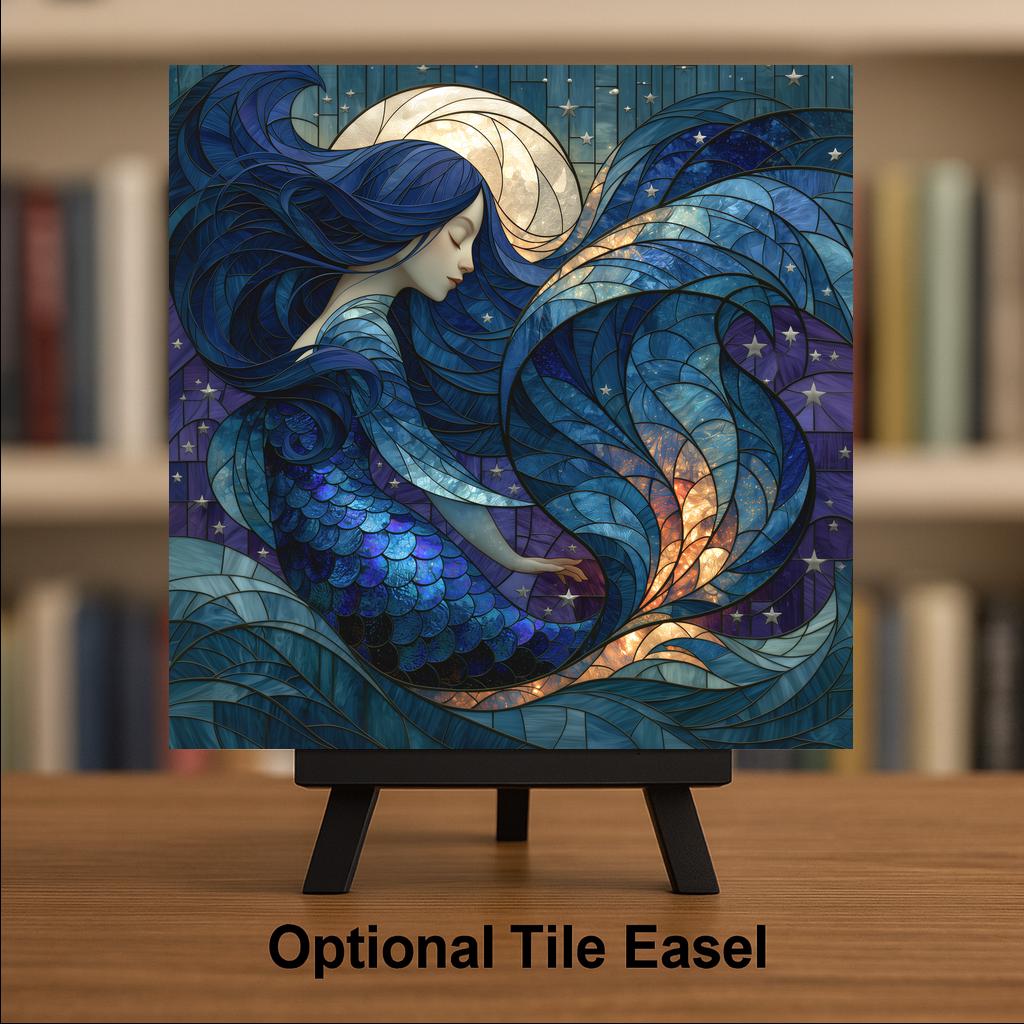Siren Wall Art Ceramic Tile Stained Glass Style Dark Mermaid Moon Ocean Fantasy Mystical Gothic Decor Deep Sea Art