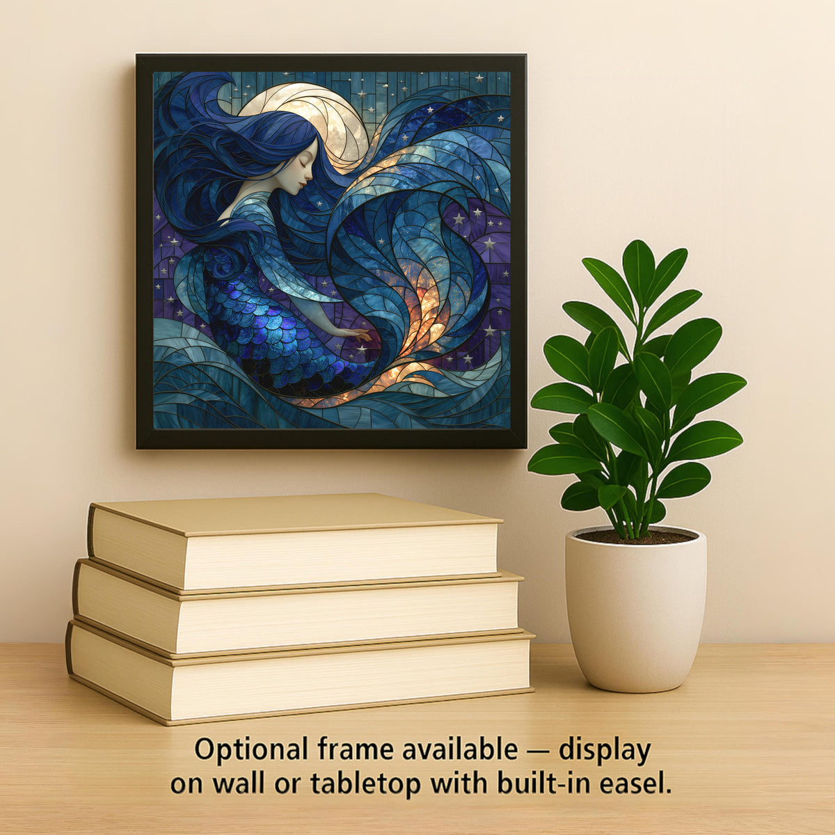 Siren Wall Art Ceramic Tile Stained Glass Style Dark Mermaid Moon Ocean Fantasy Mystical Gothic Decor Deep Sea Art