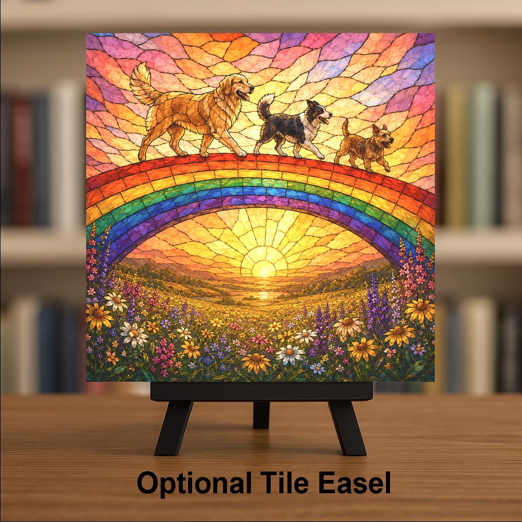 Rainbow Bridge Wall Art Ceramic Tile Stained Glass Style Dog Memorial Pet Loss Remembrance Golden Meadow Sunset Art