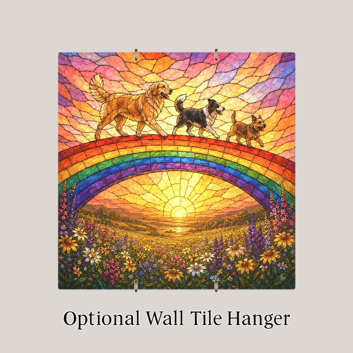 Rainbow Bridge Wall Art Ceramic Tile Stained Glass Style Dog Memorial Pet Loss Remembrance Golden Meadow Sunset Art