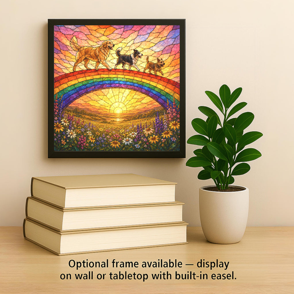 Rainbow Bridge Wall Art Ceramic Tile Stained Glass Style Dog Memorial Pet Loss Remembrance Golden Meadow Sunset Art