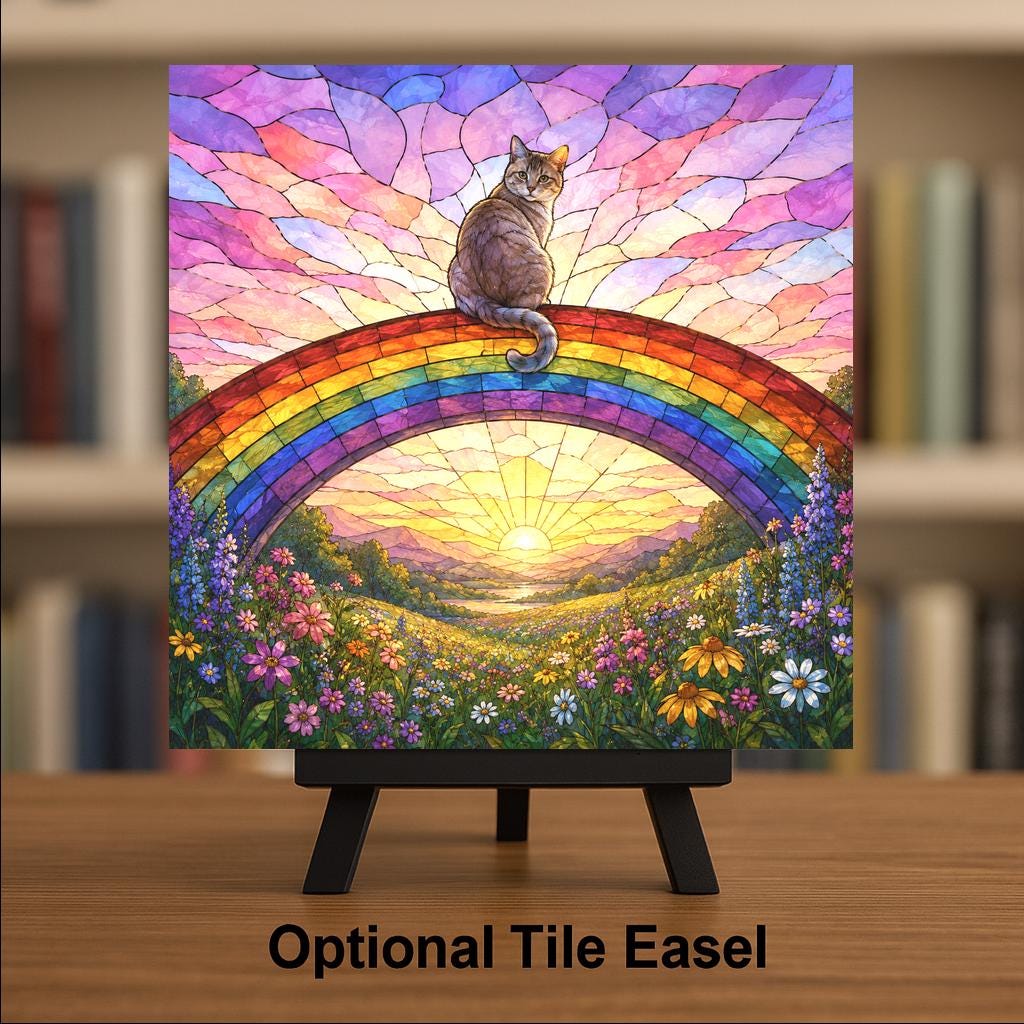 Cat Memorial Wall Art Ceramic Tile Stained Glass Style Rainbow Bridge Pet Loss Remembrance Peaceful Meadow Sunrise Art