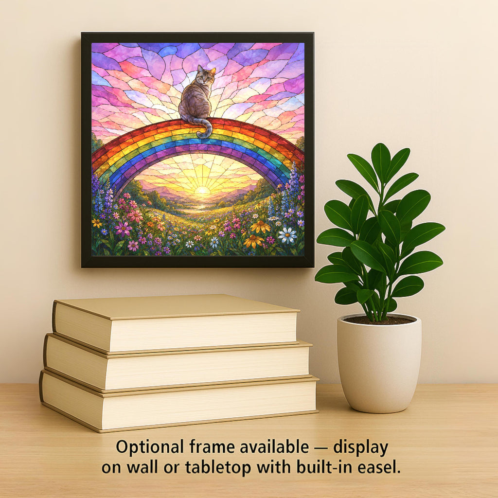 Cat Memorial Wall Art Ceramic Tile Stained Glass Style Rainbow Bridge Pet Loss Remembrance Peaceful Meadow Sunrise Art