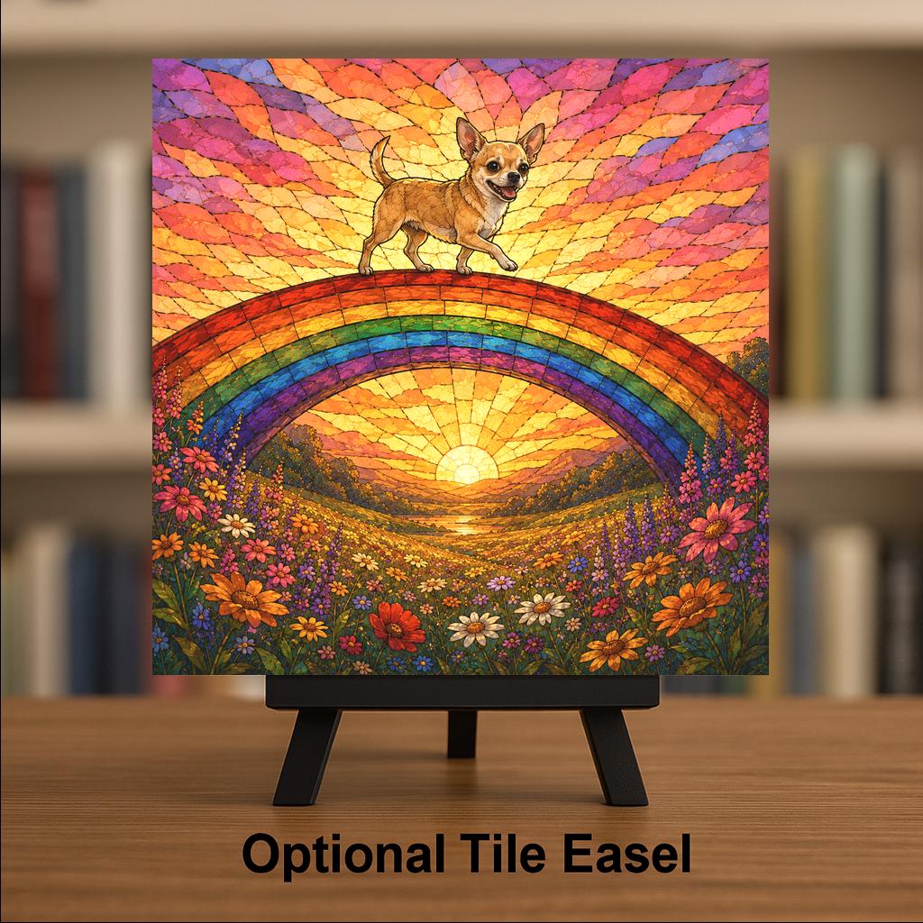 Chihuahua Memorial Wall Art Ceramic Tile Stained Glass Style Rainbow Bridge Dog Remembrance Pet Loss Sunset Meadow Art