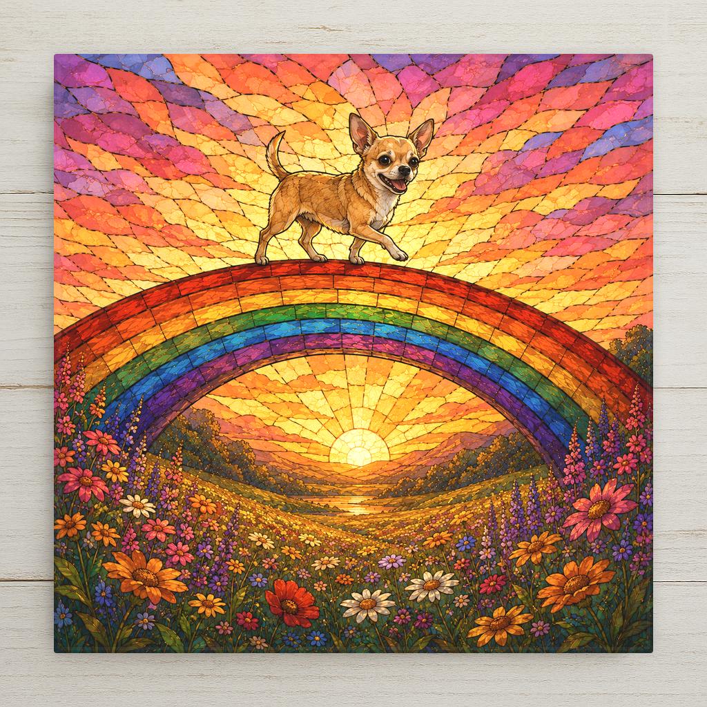 Stained glass style ceramic tile of a small joyful chihuahua with large upright ears crossing a rainbow bridge over a golden meadow at sunset