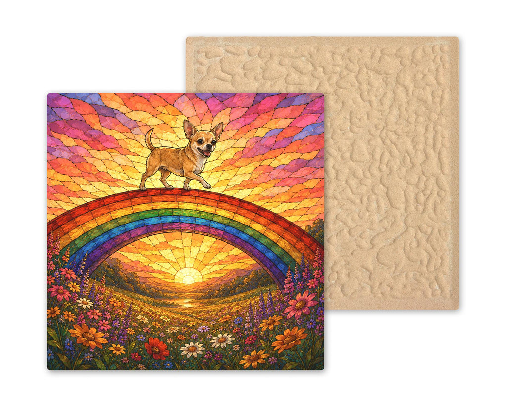 Chihuahua Memorial Wall Art Ceramic Tile Stained Glass Style Rainbow Bridge Dog Remembrance Pet Loss Sunset Meadow Art