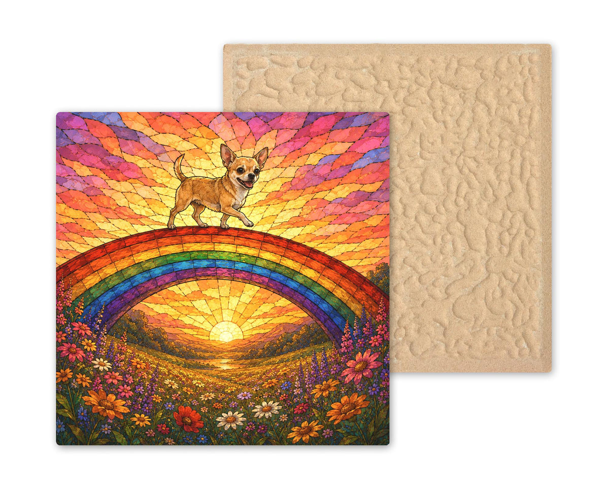 Chihuahua Memorial Wall Art Ceramic Tile Stained Glass Style Rainbow Bridge Dog Remembrance Pet Loss Sunset Meadow Art