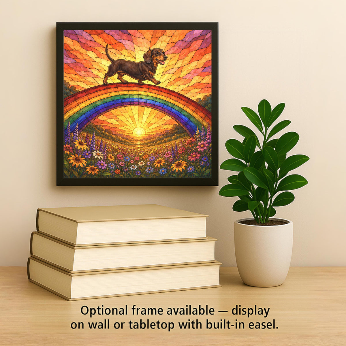 Dachshund Memorial Wall Art Ceramic Tile Stained Glass Style Rainbow Bridge Dog Remembrance Pet Loss Sunset Meadow Art