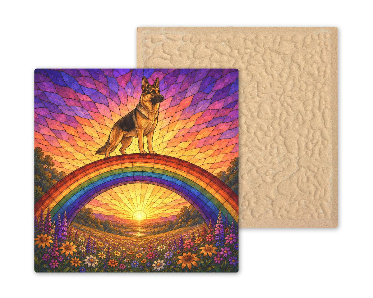 German Shepherd Memorial Wall Art Ceramic Tile Stained Glass Style Rainbow Bridge Dog Remembrance Pet Loss Meadow Art