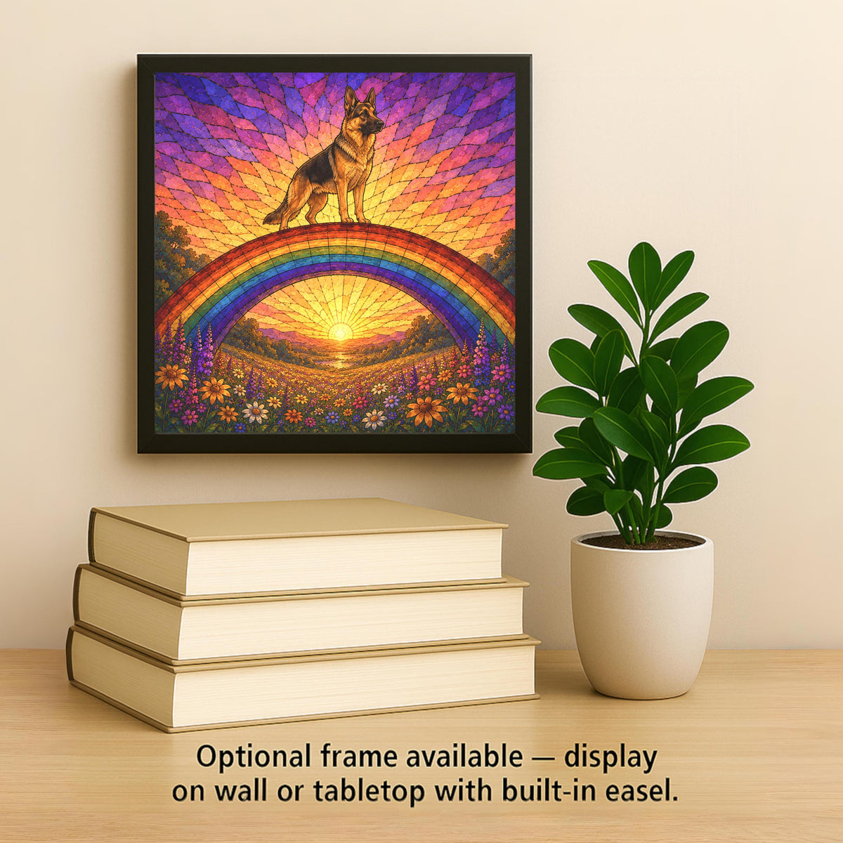 German Shepherd Memorial Wall Art Ceramic Tile Stained Glass Style Rainbow Bridge Dog Remembrance Pet Loss Meadow Art