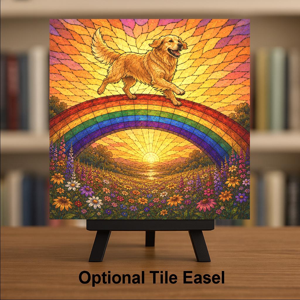 Golden Retriever Memorial Wall Art Ceramic Tile Stained Glass Style Rainbow Bridge Dog Remembrance Pet Loss Meadow Art